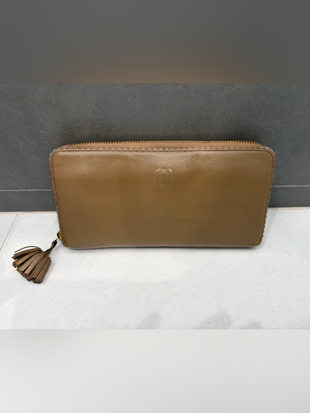 Loewe Buttery Soft Leather Zip Around Wallet in Taupe Exterior & Black Interior